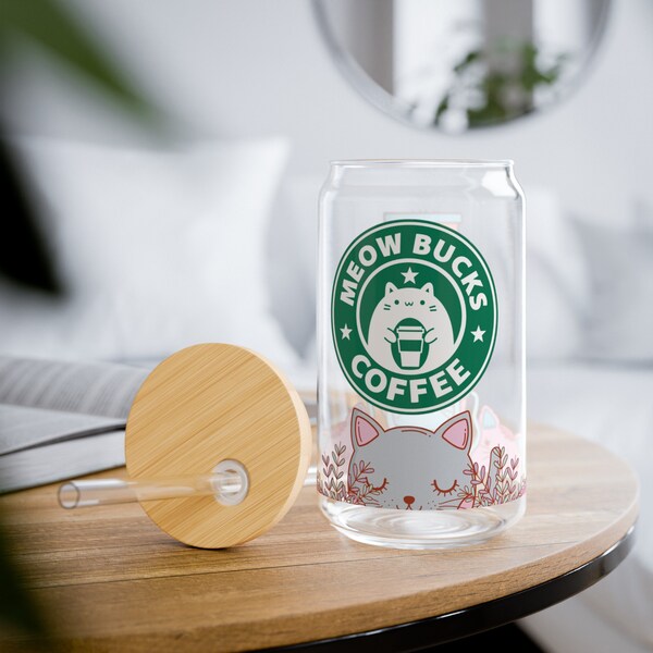 Meowbucks Coffee- Sipper Glass, 16oz- Cat Lovers