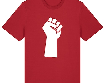 May include: A red t-shirt with a white raised fist graphic.