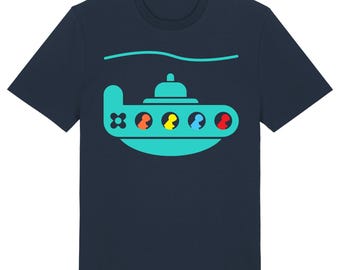 May include: Navy blue t-shirt featuring a teal submarine graphic with colorful figures in the windows. The submarine has a propeller and a periscope. The text "French Navy" is in the bottom right corner.