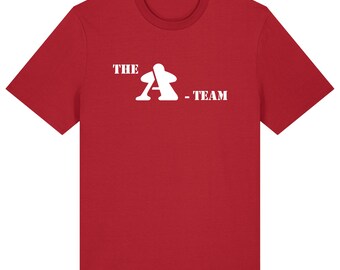 May include: Red t-shirt with white text that reads "THE A-TEAM" and a stylized letter "A" graphic.