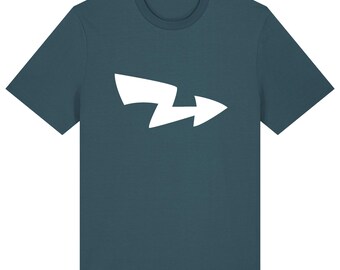 May include: A dark teal t-shirt with a white lightning bolt graphic.