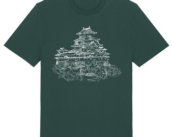 May include: A dark green t-shirt with a white line drawing of a Japanese castle on the front. The castle is surrounded by flowers.
