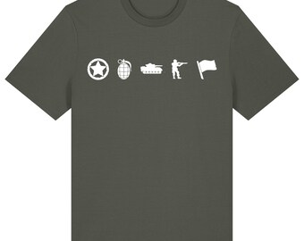 May include: Khaki-colored t-shirt featuring white military-themed icons: a star, grenade, tank, soldier, and flag. The shirt has a crew neck and short sleeves. The word "Khaki" is printed at the bottom right.