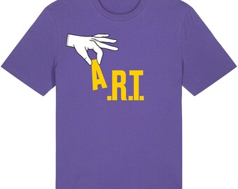 May include: A purple t-shirt with a crew neck featuring the word "ART" in yellow, with the letter "A" being held by a white hand. The shirt is made of a soft material and is a casual wear item.