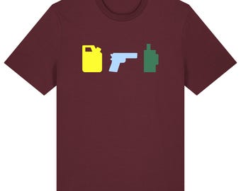 May include: Burgundy-colored t-shirt featuring a graphic design of a yellow gas can, a light blue pistol, and a green walkie-talkie. The shirt is made of a soft material and has short sleeves.