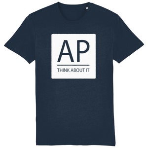 May include: A navy blue t-shirt with a white square graphic that says "AP THINK ABOUT IT" in a sans-serif font.