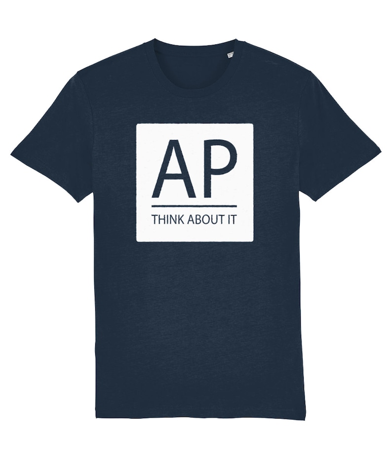 May include: A navy blue t-shirt with a white square graphic that says "AP THINK ABOUT IT" in a sans-serif font.