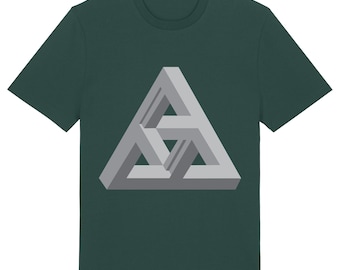 May include: A dark green t-shirt with a gray, three-dimensional triangle design. The triangle is an optical illusion, appearing to be impossible.
