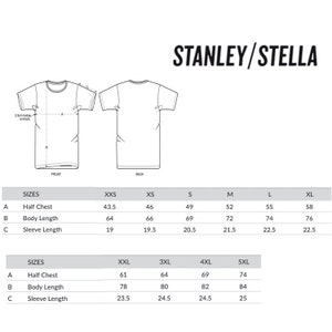 May include: Size chart for a t-shirt with measurements in inches for half chest, body length, and sleeve length. Sizes range from XXS to 5XL.