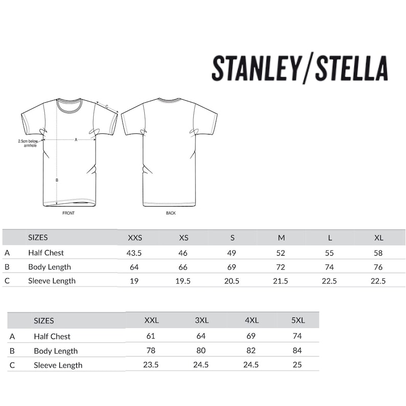 May include: Size chart for a t-shirt with measurements in inches for half chest, body length, and sleeve length. Sizes range from XXS to 5XL.
