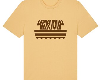 May include: A yellow t-shirt with a brown graphic of the word "ARKNOVA" in a stylized font with three horizontal lines and a wavy line underneath.
