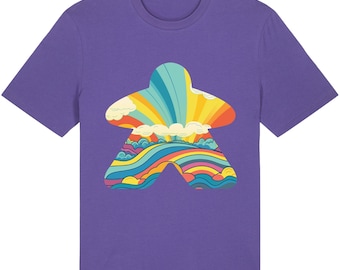 May include: Purple t-shirt with a retro-style rainbow and wave design inside a meeple shape. The text "Purple Love" is at the bottom of the image.