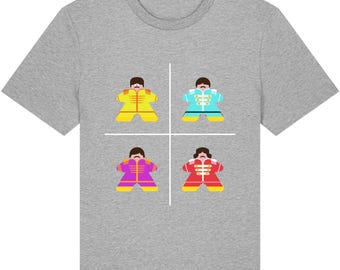 May include: Heather grey t-shirt featuring a colorful graphic of four figures in matching outfits. Each figure is in a different color: yellow, blue, purple, and red. The figures are arranged in a grid pattern.