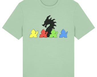 May include: A light green t-shirt featuring a black dragon silhouette above four colorful, stylized figures. The figures are yellow, red, green, and blue. The shirt is a solid color with a crew neck.