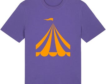 May include: A purple t-shirt with an orange circus tent graphic. The tent has a flag on top and is striped with five stripes.
