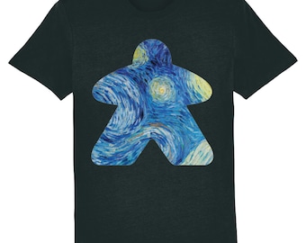 Starry Night Meeple T-Shirt, Board Games, Meeples, Art, Tabletop, Gaming, Geek, Comedy, Tees, Unique, Artwork, Funny, Van Gogh, Cool, Print