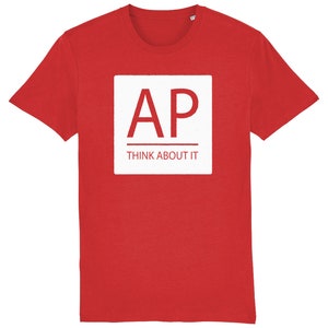 May include: Red t-shirt with a white square graphic that says "AP THINK ABOUT IT" in red text.