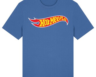 May include: Mindful blue t-shirt with a red and yellow "Hot Meeples" logo across the chest. The logo is a stylized flame design with the text in a curved font. The shirt is made of a soft material.