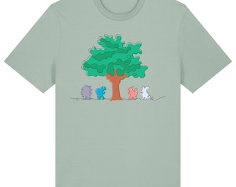 May include: A light green t-shirt with a line drawing of a tree and five animals standing in a line beneath it. The animals are purple, blue, orange, pink, and white.