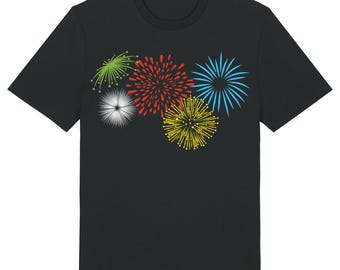 May include: Black t-shirt with a colorful firework design. The fireworks are in a circular pattern and are red, yellow, green, and blue.