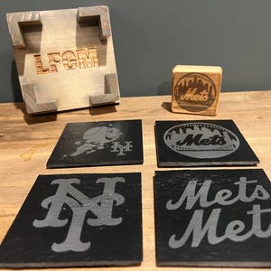 New York Mets Slate Coaster Set: Engraved Holder & Bottle Opener