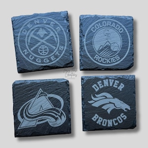 Denver Colorado Sports - Rockies, Broncos, Nuggets, Avalanche- 4” Slate Coasters - Set of Four Coasters - Optional Handmade Coaster Holder