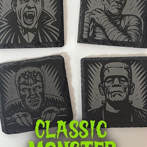 Classic Movie Monsters Slate Coasters – Engraved Stone Drink Coasters | Halloween Gift, Spooky Home Decor, Scary Movie Fan Collectible