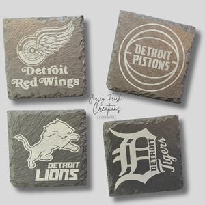 Detroit Sports - Detroit Lions, Pistons, Red Wings, Tigers- 4” Slate Coasters - Set of Four Coasters - Optional Handmade Coaster Holder