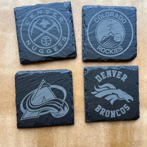 Denver Colorado Sports - Rockies, Broncos, Nuggets, Avalanche- 4” Slate Coasters - Set of Four Coasters - Optional Handmade Coaster Holder