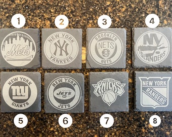 New York Sports - 4” Slate Coasters - Mets, Yankees, Giants, Jets, Rangers, Islanders, Knicks, Brooklyn Nets -Pick Your Set- Optional Holder