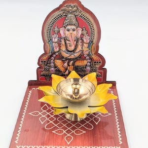 Handcrafted wooden Diya stand with Kolam base and Diya - Spiritual home decor