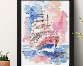 Watercolor Sail Boat Full Canvas Modern Cross Stitch Pattern Digital Download