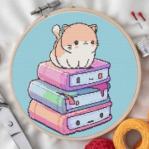 Happy Cat on Books Cross Stitch Pattern Digital Download