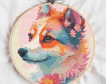 Floral Small Dog Modern Counted Cross Stitch Pattern Digital Download