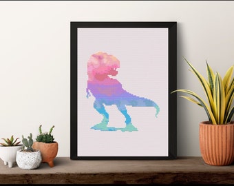 Watercolor T-Rex Dinosaur Cross Stitch Pattern Digital Download