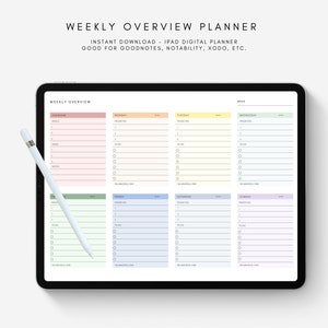 Digitaler Wochenübersichtsplaner iPad Download - 10 Farboptionen - Goodnotes Notability Xodo