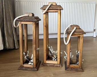 Decorative 3 Sizes Wood Lantern,Rustic Lantern, Set of three Lanterns, Rustic Wood Lanterns, Wood Burning, Home Decor, Floor Decorations,