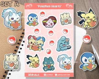 Naklejki w kształcie serca inspirowane Pokemonami | Arkusz naklejek winylowych | Naklejki do planera Kawaii | Kolekcja Pokehearts