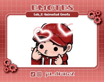 Op de afbeelding: Geanimeerde emoticon van een cartoonfiguur met een rode pet en een hartvormige halo, die een verlegen gebaar maakt met zijn handen. Het personage draagt een rood shirt en heeft rode wangen. De tekst "Lab_U Animated Emote" staat boven het personage.