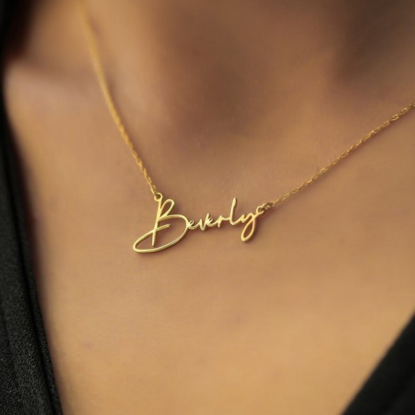 Personalized Signature Necklace, Christmas Gift Custom Dainty Name Plate, Initial necklace, Handmade Sterling Silver & 14K Solid Real Gold