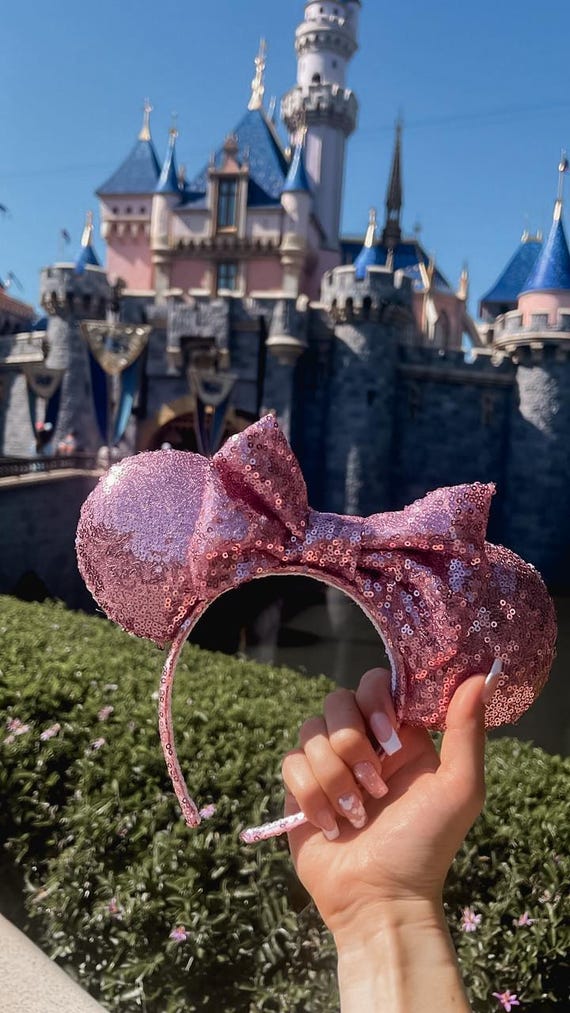 Disneyland Minnie Ears Headband Pink Sequined Bow Sleeping Beauty Castle s-l400.jpg main image 4