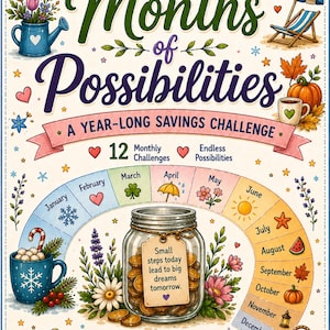 May include: A Twelve Months of Possibilities savings challenge poster featuring a central glass jar filled with coins, a seasonal monthly arc, and illustrations of a piggy bank, calendar, and trophy. Text includes "Small steps today lead to big dreams tomorrow."