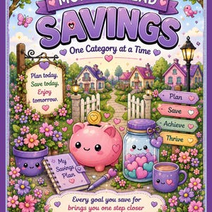 以下が含まれることがあります： Month Ahead Savingsと題されたカラフルなイラスト。ピンクの貯金箱、ハートで満たされたガラス瓶、My Savings Planと書かれたノート、マグカップが描かれています。画像には「Plan today, Save today, Enjoy tomorrow」および「LVBudgets」というテキストが含まれています。