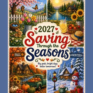 Op de afbeelding: Een 2027 Saving Through the Seasons planner-omslag met vier seizoensgebonden illustraties. Lente toont een tuin, zomer een meer, herfst een pompoenoogst met een vrachtwagen en winter een besneeuwd landschap met een sneeuwpop. Tekst bevat Big goals, bright days, better tomorrows! en LVBudgets.