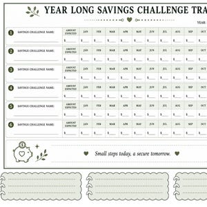 Puede incluir: Una hoja blanca de Year Long Savings Challenge Tracker con texto y detalles en verde oscuro. Incluye seis filas numeradas para objetivos de ahorro, columnas mensuales de enero a diciembre y una sección inferior con tres notas festoneadas.