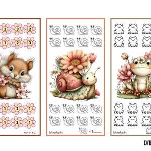 May include: Three illustrated savings trackers featuring cute animals and floral elements. One shows a squirrel with flowers, another a snail, and the last a frog. Each tracker has a different design with flower, snail, or frog icons. The text "lvbudgets" is at the bottom of each.
