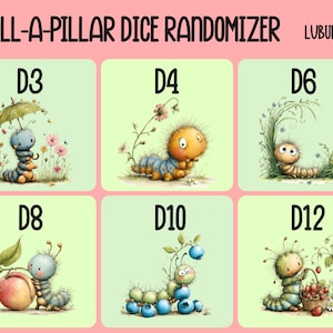 Könnte beinhalten: Eine farbenfrohe Illustration eines Würfel-Randomizers mit sechs verschiedenen Raupenfiguren, die jeweils einen anderen Würfeltyp (D3, D4, D6, D8, D10, D12) darstellen. Der Text "ROLL-A-PILLAR DICE RANDOMIZER" steht oben.