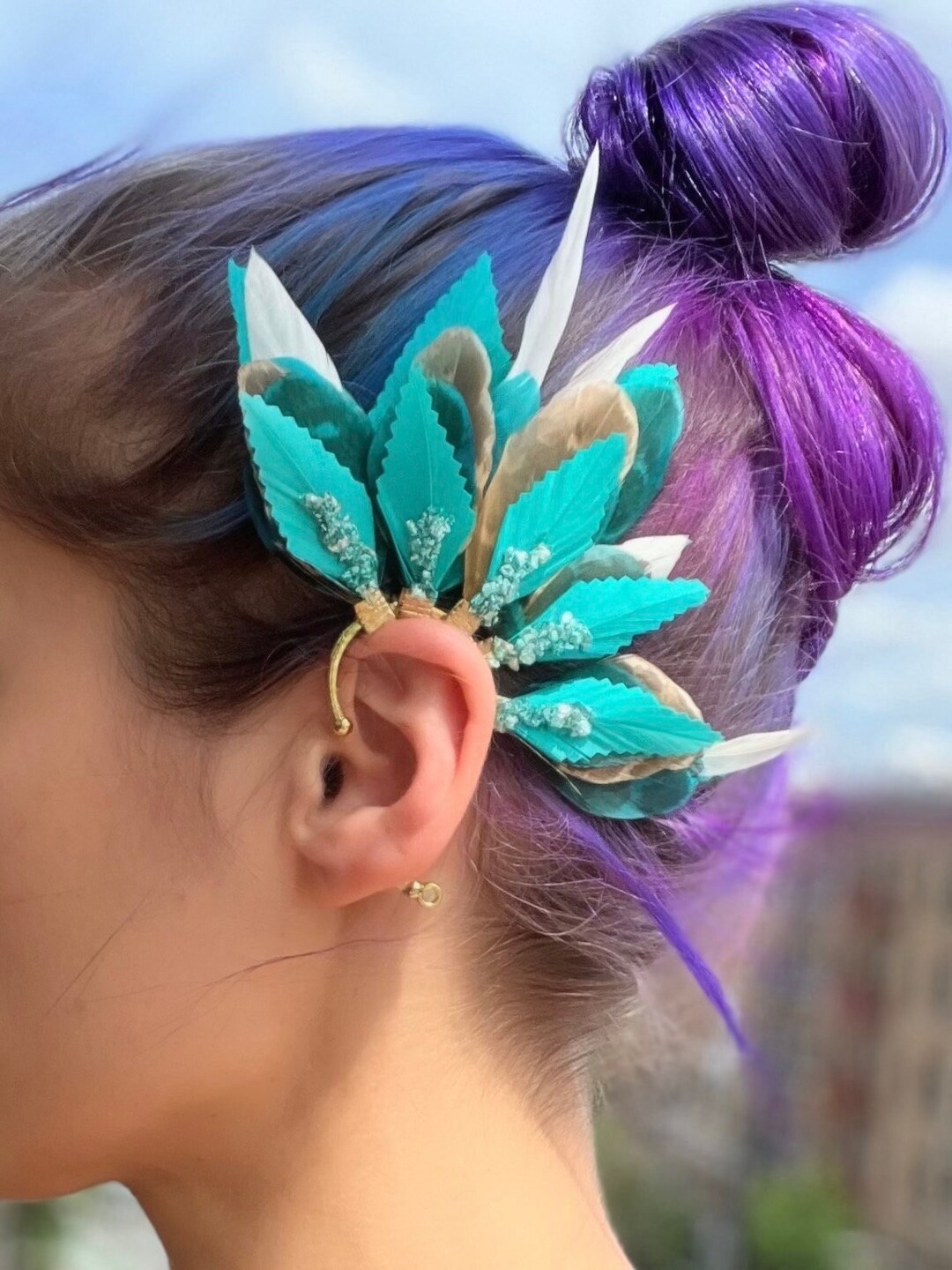 Turquoise Ear Cuff Pheasant Feather Ear Cuff Blue Metallic Etsy