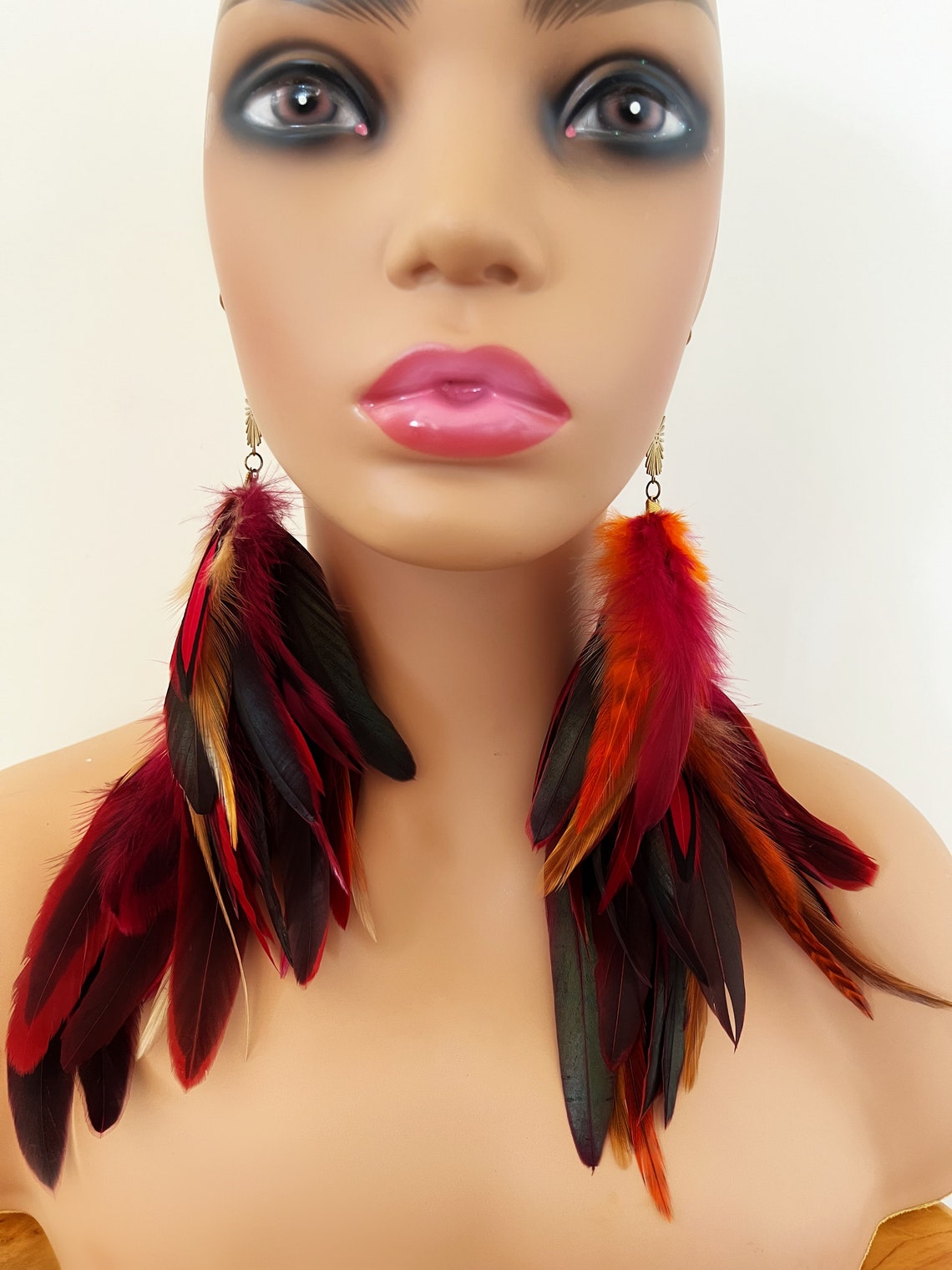 Long Feather Earrings Red Feather Earrings Boho Earrings Etsy