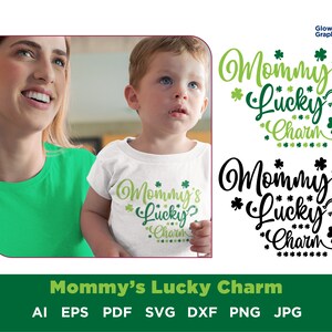 Mommy's Lucky Charm Svg, Baby Kid 1st St Patrick's Day Svg, Lindo trébol de la suerte de 4 hojas con cara, Trébol, Archivo para Cricut, Silueta
